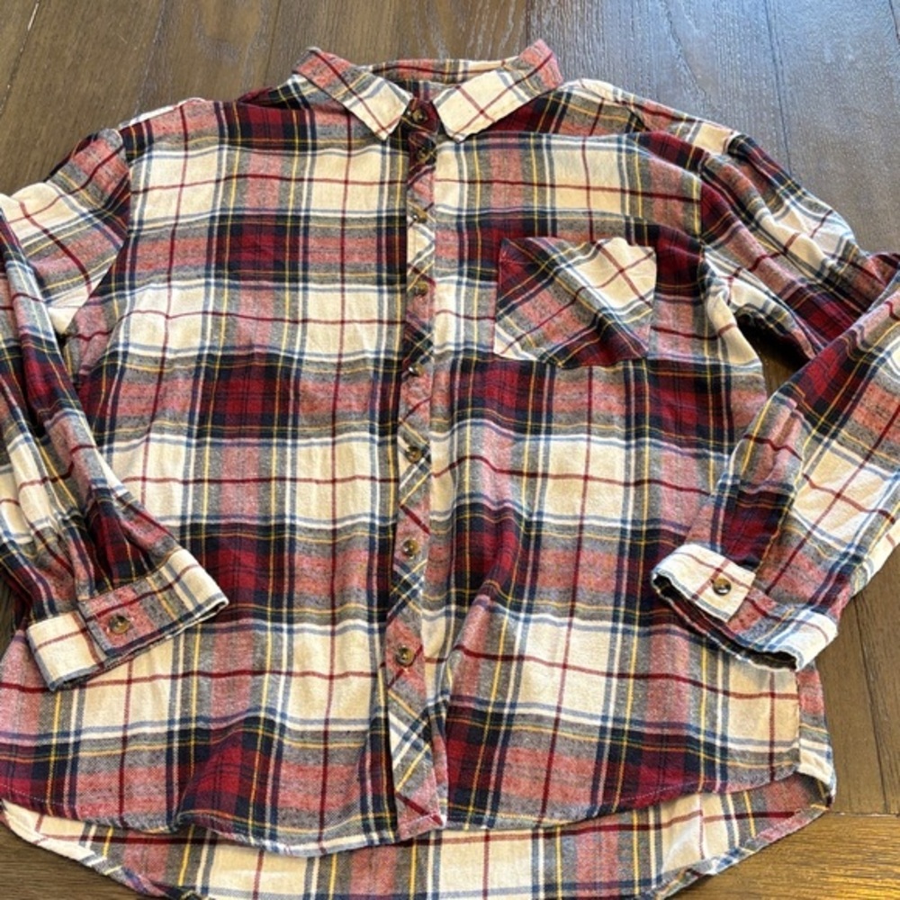 Thread & Supply Red and Cream Plaid Button Down collard pocket flannel Shirt L